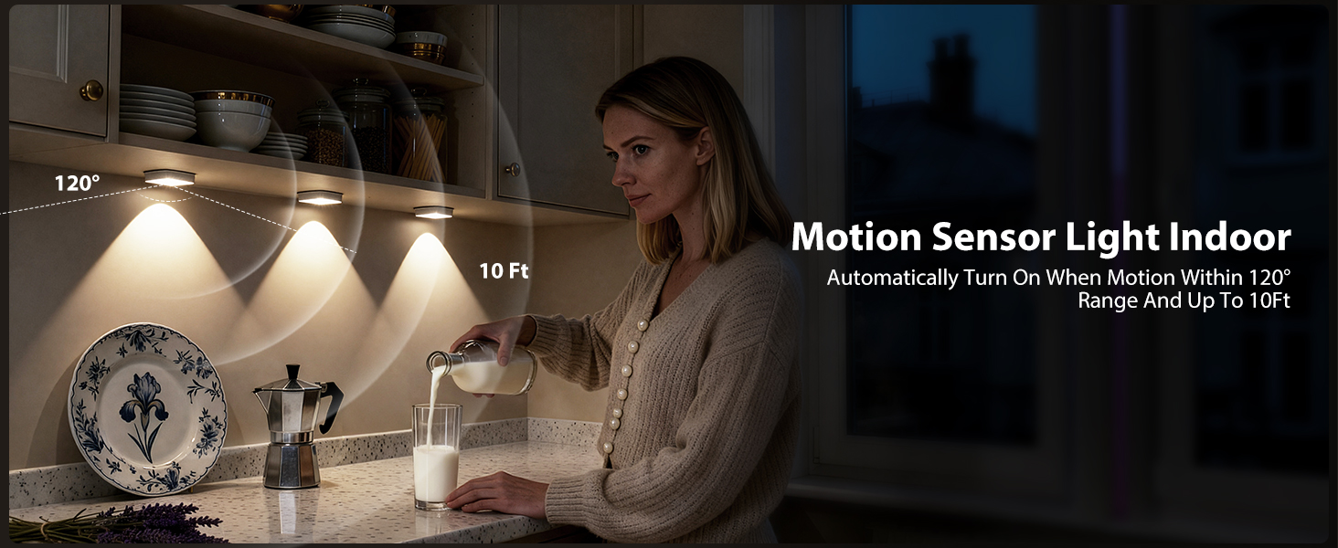 Text reads 'Motion Sensor Light Indoor'. Multiple panels showing indoor lighting scenarios with motion sensor activation in different room settings.
