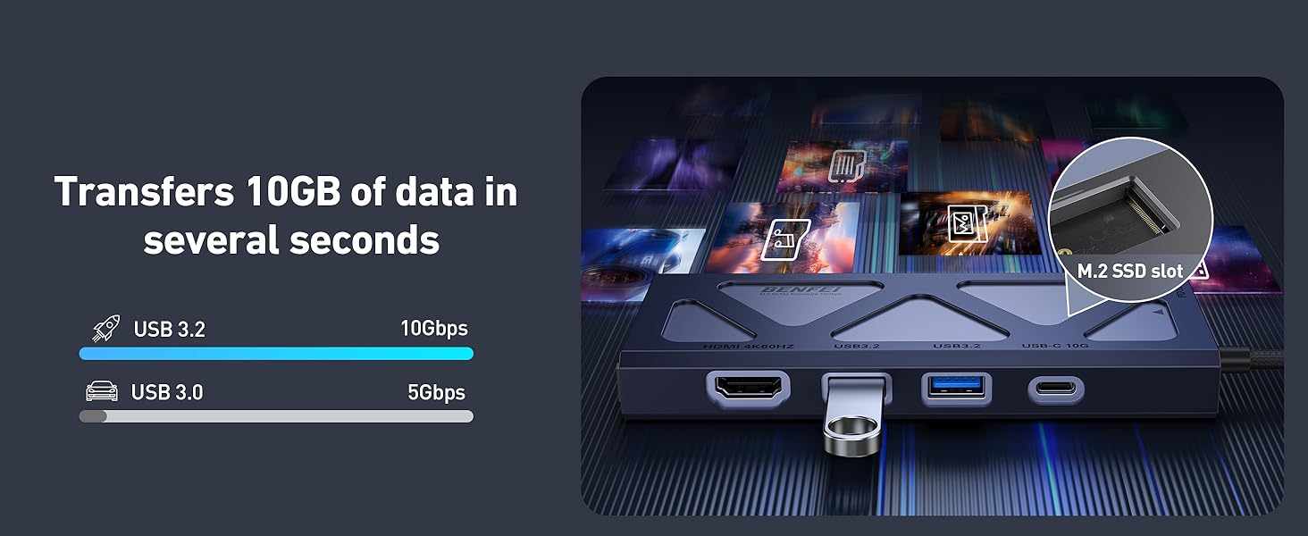 Text reads 'Transfers 100ft of data in'. Technical interface or screen showing data transfer visualization with dark background and blue accents.