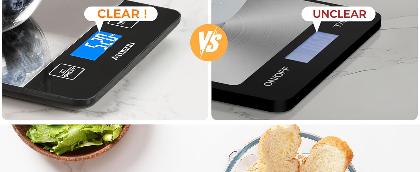Atogou Food Scale, 33lb/15kg Rechargeable Kitchen Scale with Full-View Backlit LCD Display