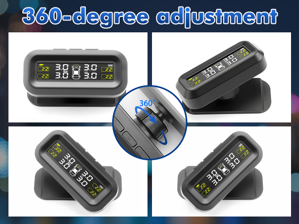 Digital tire pressure monitor with 360-degree adjustment feature. Display shows tire pressure and temperature readings. Device can be rotated for optimal viewing angle.