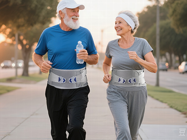 Two people jogging while wearing reflective waist belts with arrow patterns. One person holds a water bottle. Both wear casual athletic clothing and hats.