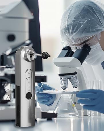 Laboratory microscope setup with digital control device, showing researcher examining samples in petri dish wearing protective gear and gloves.