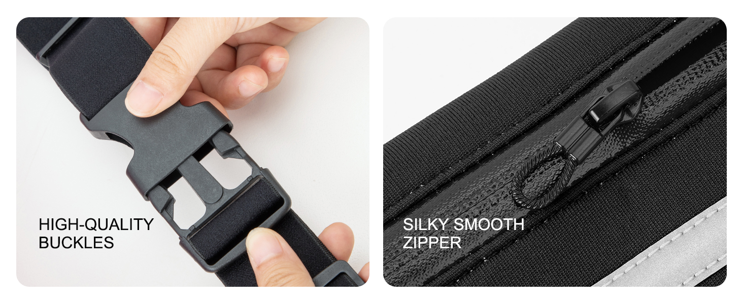 Close-up of black zipper components. Left: Hand adjusting a high-quality buckle. Right: Smooth, closed zipper teeth on black fabric.