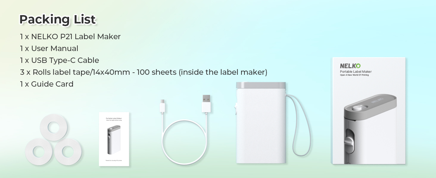 NELIKO P2L Label Maker set including the device, USB Type-C cable, roll tape, user manual