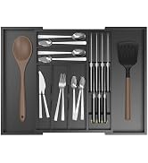 Thalomely Bamboo Kitchen Drawer Organizer, Expandable Utensil Organizer with Removable Knife Bloc...