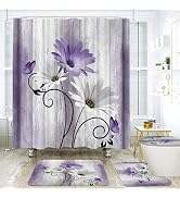 Onalasyc 4PCS Purple Daisy Flowers Plants Shower Curtain Set,Shower Curtain and Carpet and Access...