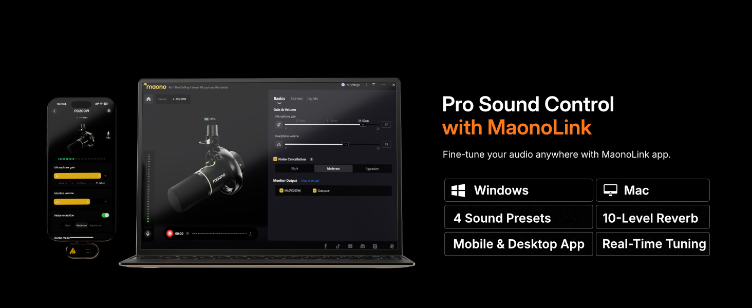 MAONO Wireless Dynamic Microphone for PC, XLR/USB Podcast Mic for Vocal Recording(PD200WT)