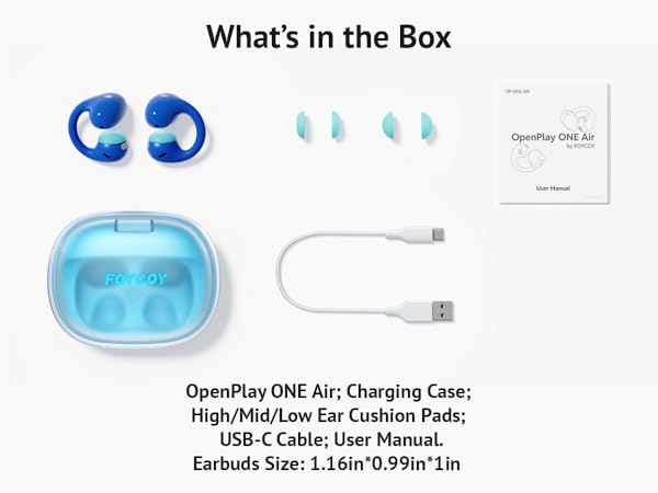 Package contents: OpenPlay earbuds charging case cable and accessories.