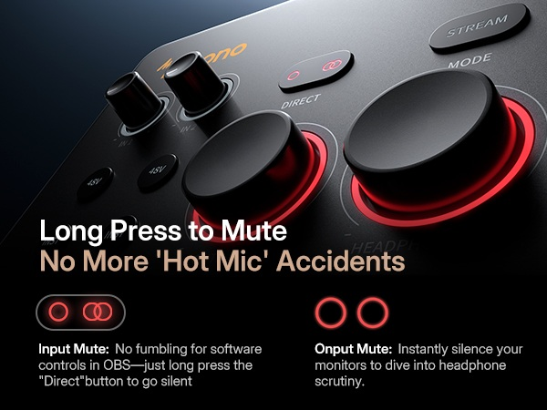 Maono P2 audio interface long press to mute input and output instant mute function