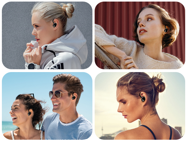Collage of four images showcasing wireless earbuds worn by people in various settings, including outdoors and during exercise.