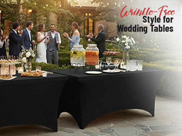 Text reads 'Rustic-Chic Style for Wedding Tables'. Outdoor wedding table setting with black tablecloth, floral arrangements, and elegant place settings in garden setting.