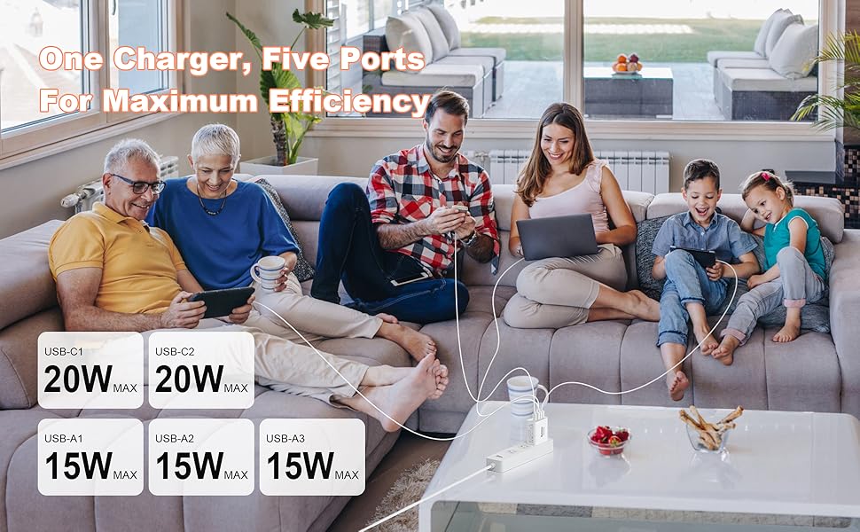 One charger,Five Ports .For Maximum Efficiency