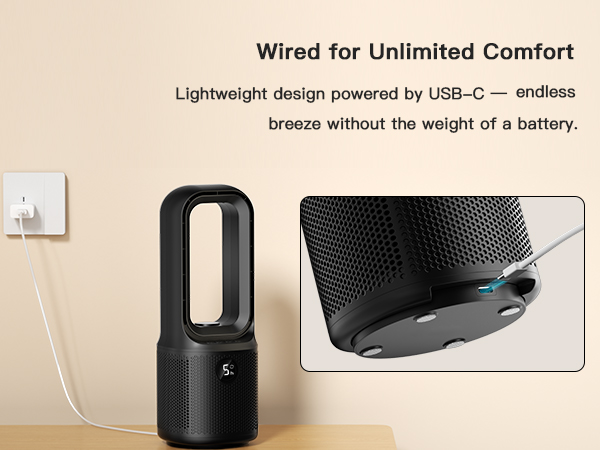 Lightweight USB-C powered fan – endless breeze, no battery weight. Plug &amp; go.