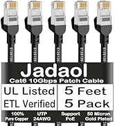 Jadaol Cat6 Ethernet Patch Cables 5ft 5-Pack, 10Gbps 24AWG Pure Copper RJ45 Cat6a Patch Cable, Su...