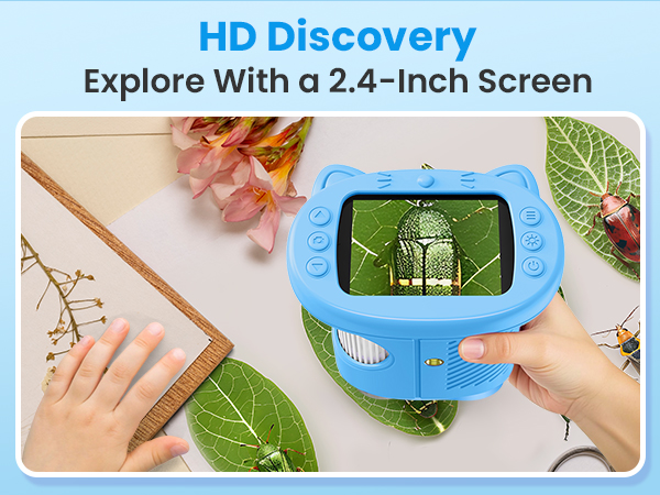 Text reads 'HD Discovery' and 'Explore With a 2.4-inch Screen'. Shows blue children's device with digital screen displaying nature imagery, demonstrated in use with hands exploring leaves.