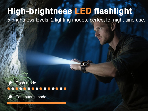 Built-in Flashlight, Two modes: steady on and blinking