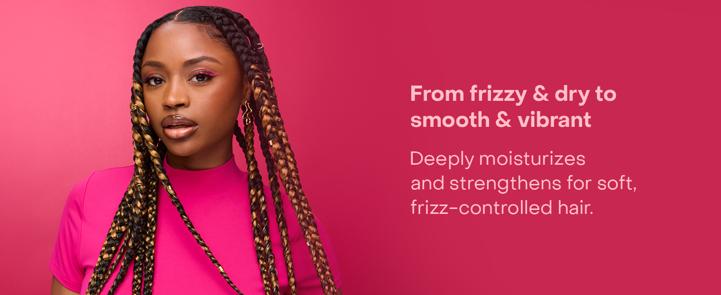 Image of a woman with braided hair, next to text highlighting benefits of our conditioner.