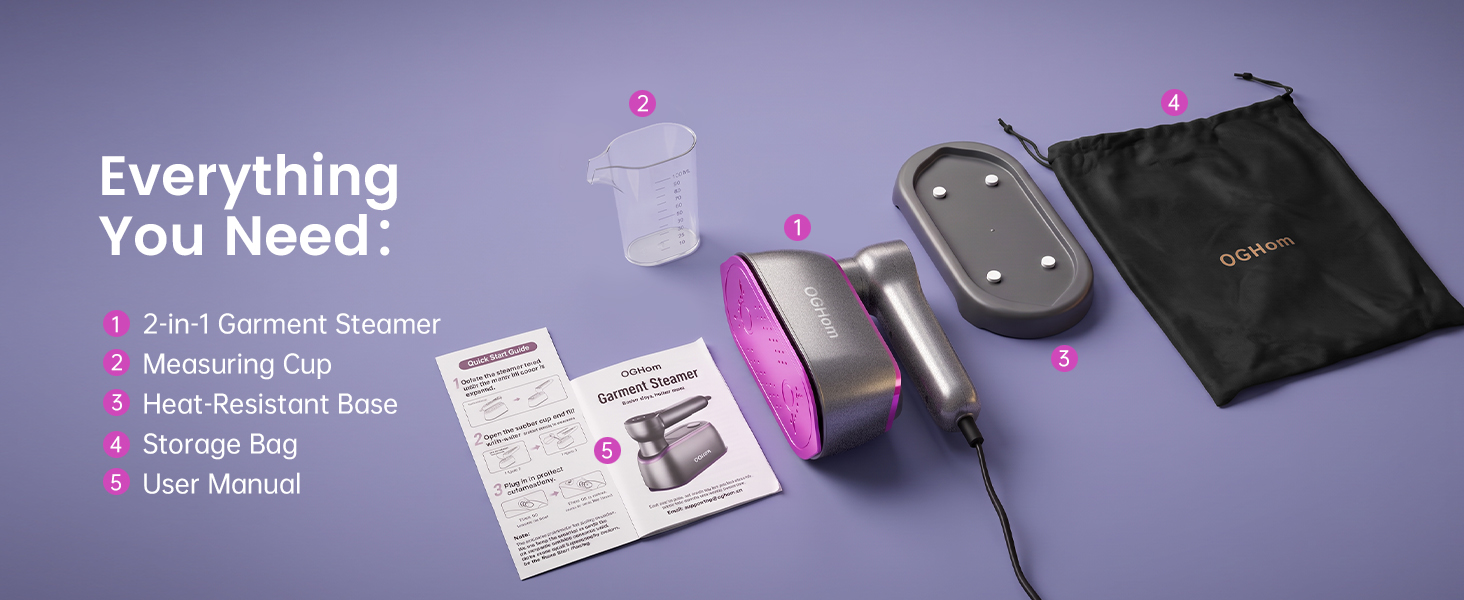 Everything You Need: Steamer, Measuring Cup, Heat-Resistant Base, Storage Bag &amp;amp;amp; User Manual.