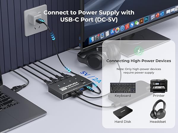 USB switch selector connect the power cord to a 5V power adapter for stable use