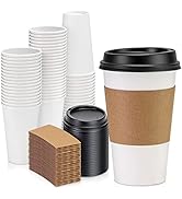 Fit Meal Prep [50 Pack] 16 oz Hot Beverage Disposable White Paper Coffee Cup with Black Dome Lid ...