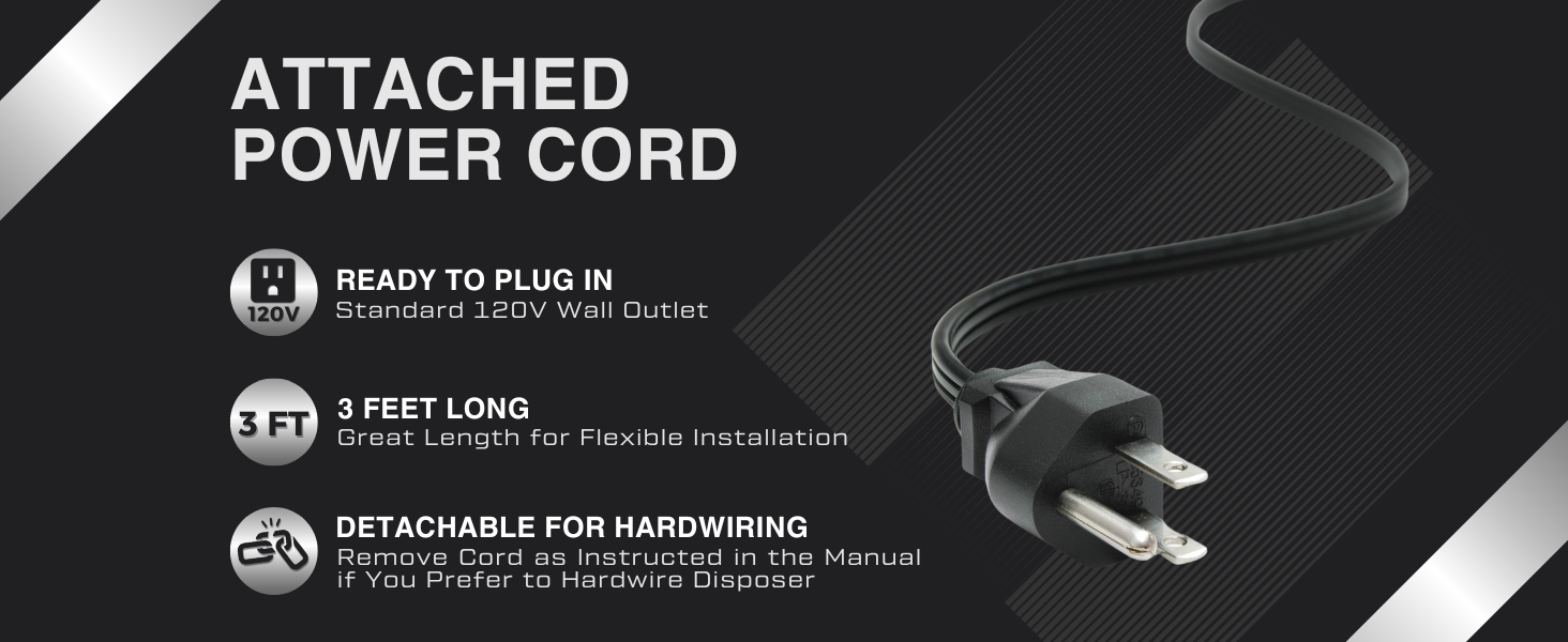 pre installed power cord 3 ft 120v detachable ready to plug in convenient installation