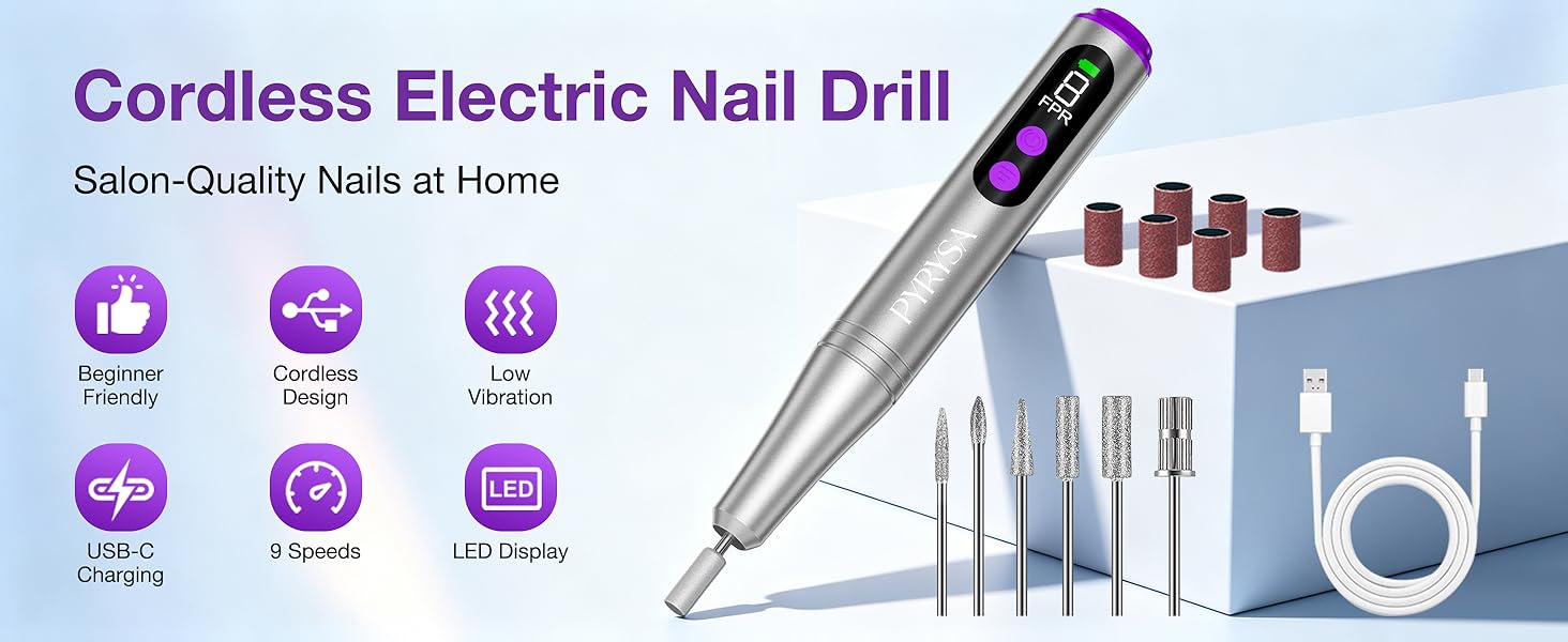 PYRYSA Silver Cordless Electric Nail Drill 9 Speeds LED Display Rechargeable Manicure Pedicure Tool