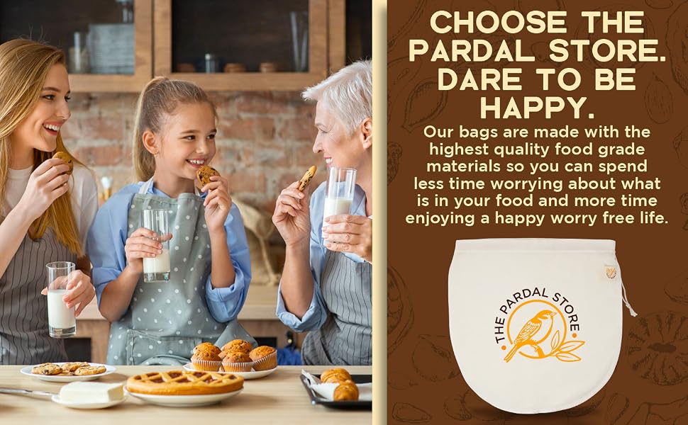 Image shows a family eating together and drinking nut milk made by nut milk bag