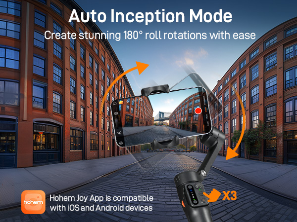 Text reads 'Auto Inception Mode' and 'Create stunning 180° roll rotations with ease'. App interface showing urban street with rotation arrows and '3X' indicator.