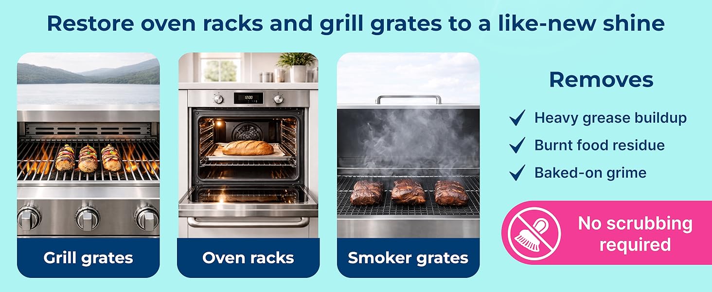 Carbona cleaner for grill grates and oven racks that removes heavy grease and burnt residue