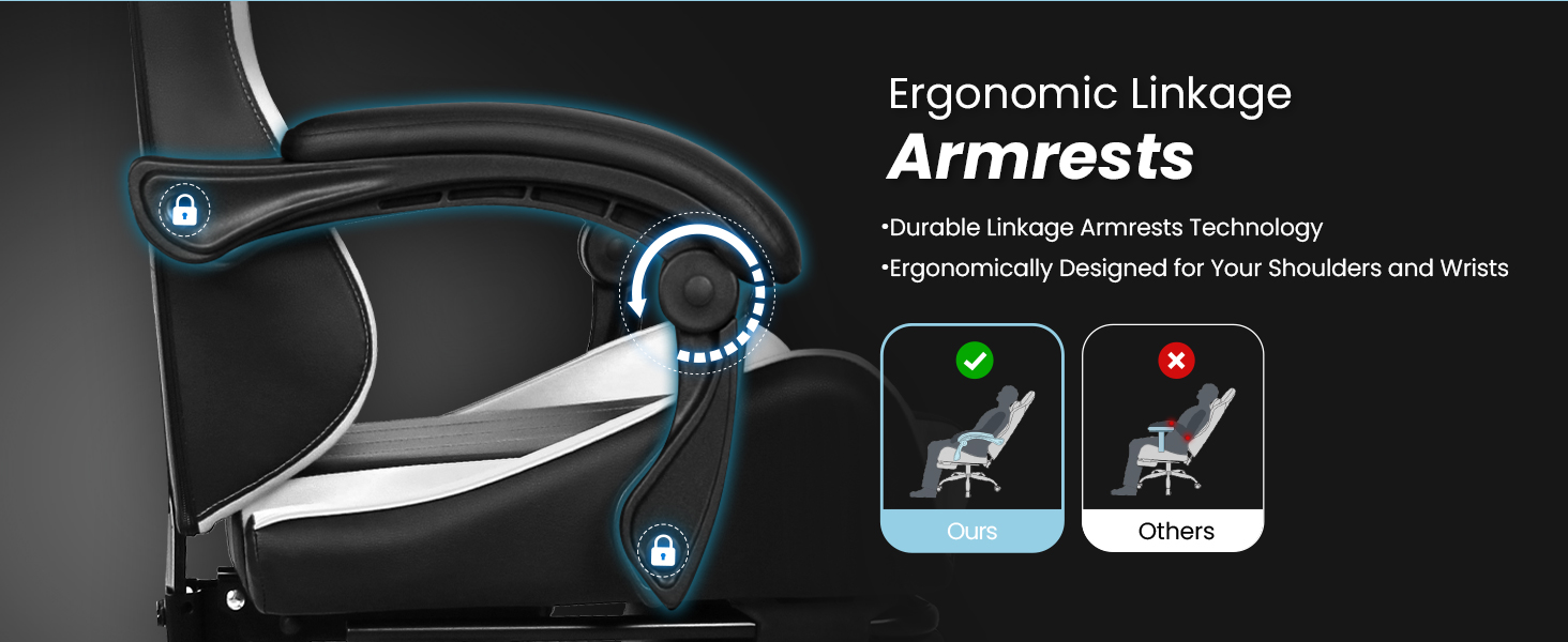 Comfortable gaming chair for gamers, ergonomic linkage armrests, high back comfortable office chair