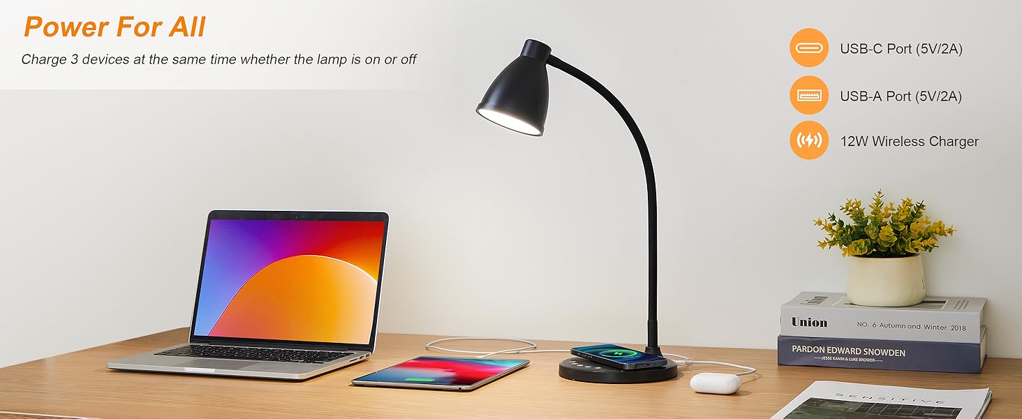 Desk Lamp for Home Office LED Desk Light USB Charging Ports Bedside Table Lamp for Dorm Room