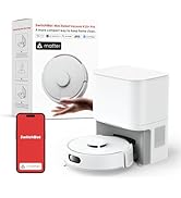 SwithchBot robot vacuum cleaner with auto-empty base station, smartphone app interface, and product packaging showing features.