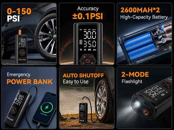 150 PSI cordless tire inflator with 5200mAh battery, auto shut-off, LED and power bank.