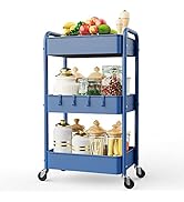 LEHOM 3 Tier Rolling Storage Cart, Metal Trolley Utility Cart with Wheels &amp; Hooks, Easy Assembly ...