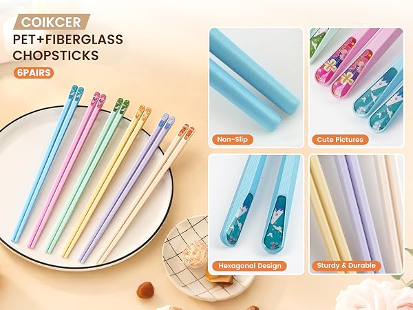 Coikcer 6 pairs PET fiberglass chopsticks, hexagonal non-slip reusable adult tableware