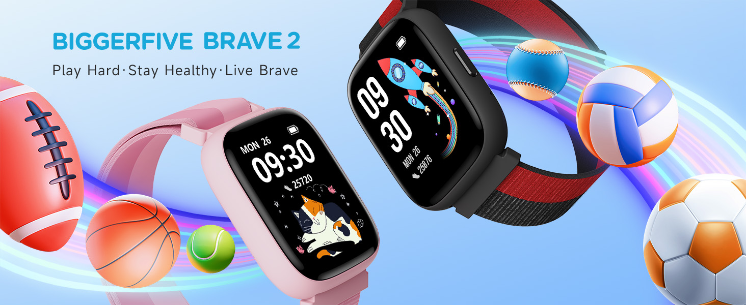 Colorful smartwatches displayed with fruit graphics. Text reads 'BIGGERFIVE BRAVE 2' and 'Play Hard Stay Healthy Live Brave'.