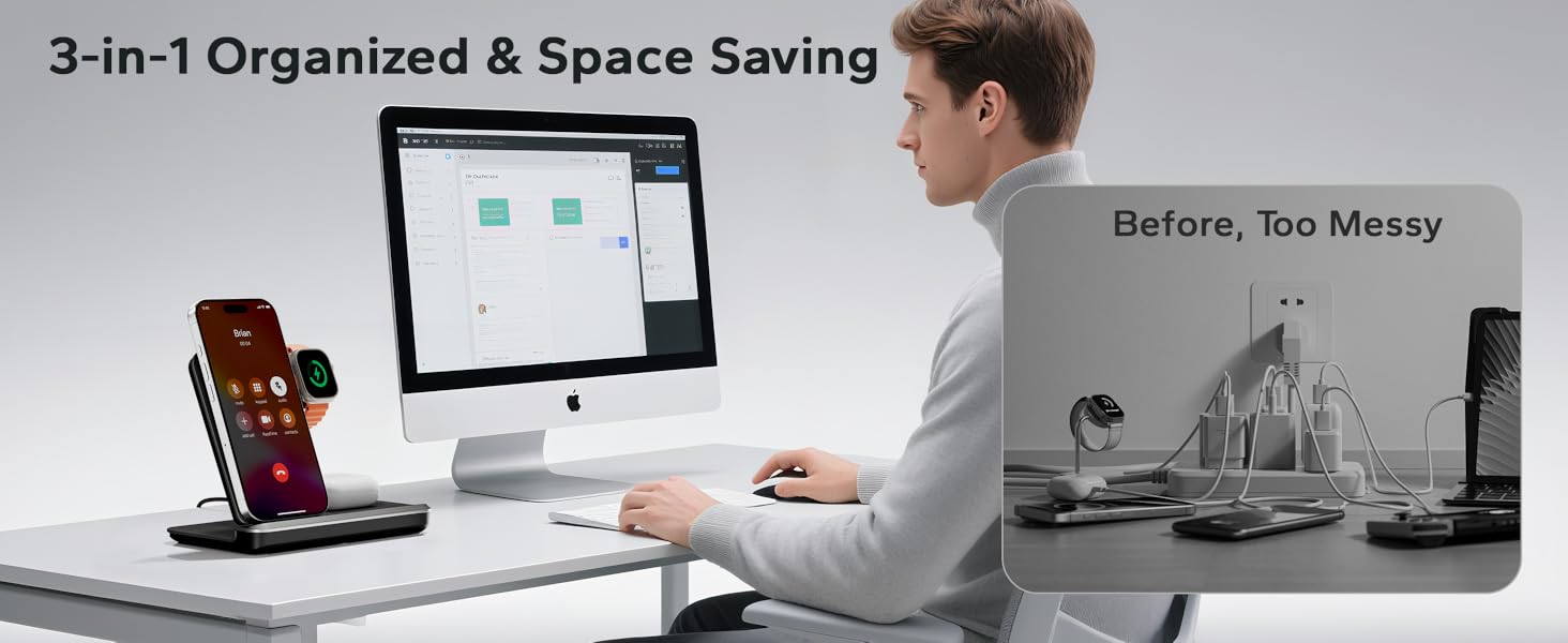 3 way charger for iphone, airpods, apple watch wireless nightstand