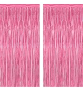 2 Pack Pink Party Decorations, 3.28 FT x 7.05 FT Pink Backdrop, Metallic Tinsel Backdrop Fringe C...