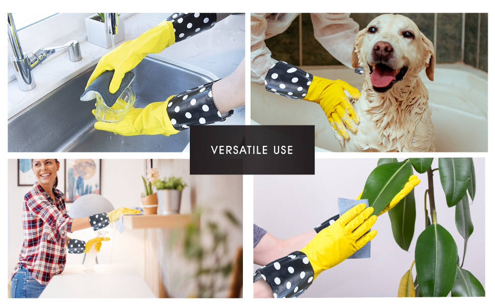 Person with glam gloves cleaning dishes, pet, plant and kitchen