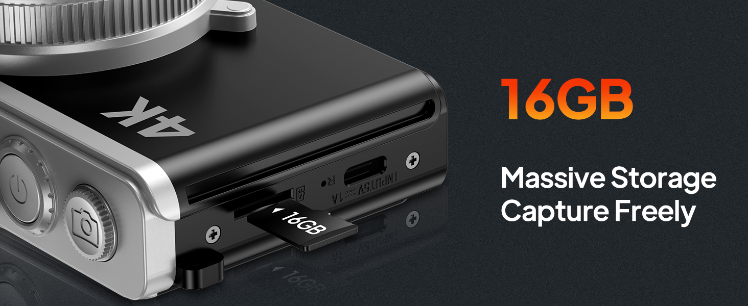 Text reads '16GB', 'Massive Storage', 'Capture Freely'. Black electronic device or storage component shown against dark background with technical specifications.