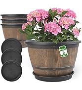 8-inch-Plant-Pots-Indoor-Outdoor, 4 Pack Whiskey Barrel Planters with Drainage Holes &amp; Saucer, Pl...