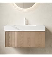 USHOWER 36" Floating Bathroom Vanity with Sink, Wall Mounted Vanity Cabinet with Travertine Sinte...