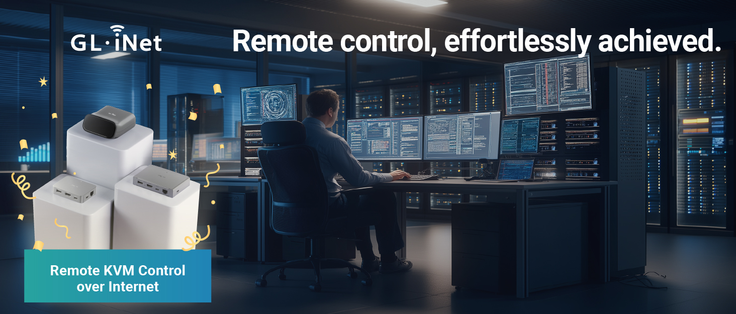 Text reads 'GLiNet' and 'Remote control, effortlessly achieved.' Dark tech-themed banner with blue accent lighting and network interface displays.