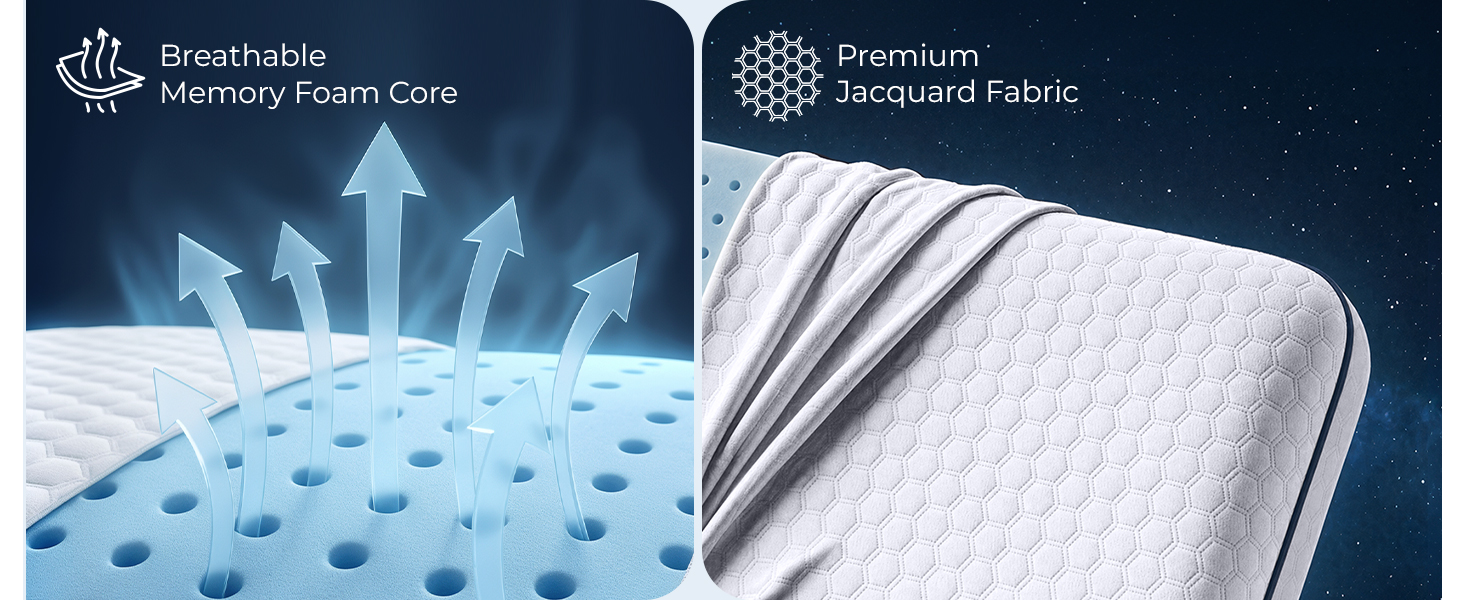 Memory foam pillows queen size bed pillows cooling braethable design removable &amp;amp; washable cover