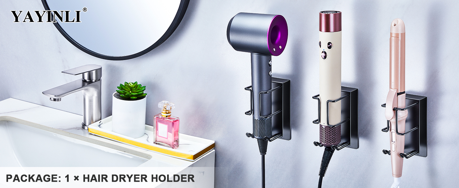 Text reads 'YAYINLI' and 'PACKAGE: 1 × HAIR DRYER HOLDER'. Multiple views of wall-mounted hair dryer holders in chrome finish, showing installation and usage positions.