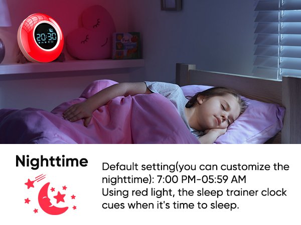 red light and moon symbol turns on when it's time for kids for bed