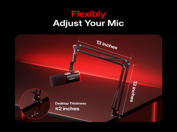 Text reads 'Flexibly 23 inches'. Red-lit product images showing what appears to be an adjustable mounting arm or bracket system with dimensional specifications.