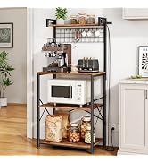 SNTD Bakers Rack with Power Outlet, Kitchen Shelves Microwave Stand with Wire Grid and 10 Hooks, ...