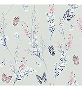 Shackcom Vintage Floral Wallpaper Peel and Stick, 17.5" x 393.7" Retro Grey Boho Flower Daisy &amp; B...