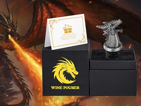 Black gift box with gold dragon logo featuring 'Wine Pourer' branding, displayed alongside silver dragon-shaped wine pourer and white greeting card.